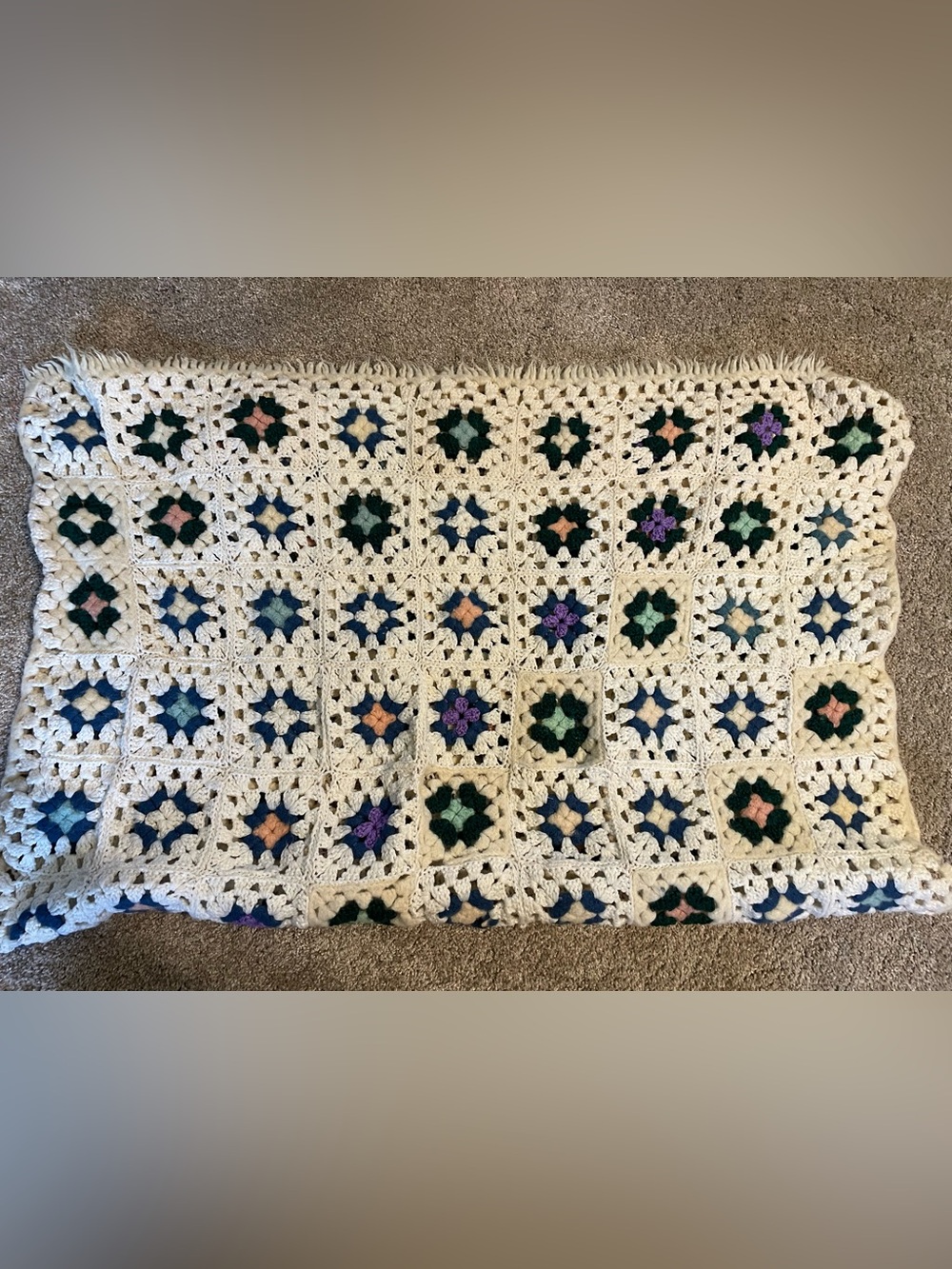 Handmade vintage Crochet Granny Square Blanket - Cream with Multicolor Centers